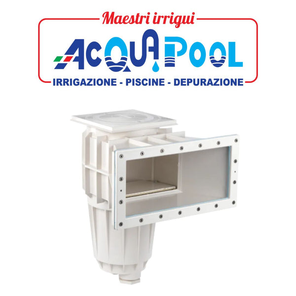 Skimmer a bocca svasata in ABS bianco per cemento con membrana in PVC e pannelli prefabbricati in metallo  POOL'S